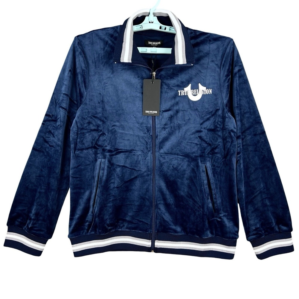 True Religion Men's Blue Velour World Tour Track Jacket Size Small Full Zip NWT